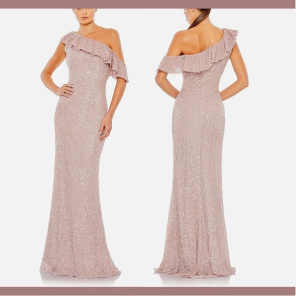 NWT $498 Mac Duggal [ 14 ] Sequined Drop Shoulder Trumpet Gown in‎ Mocha Pink - Picture 13 of 13